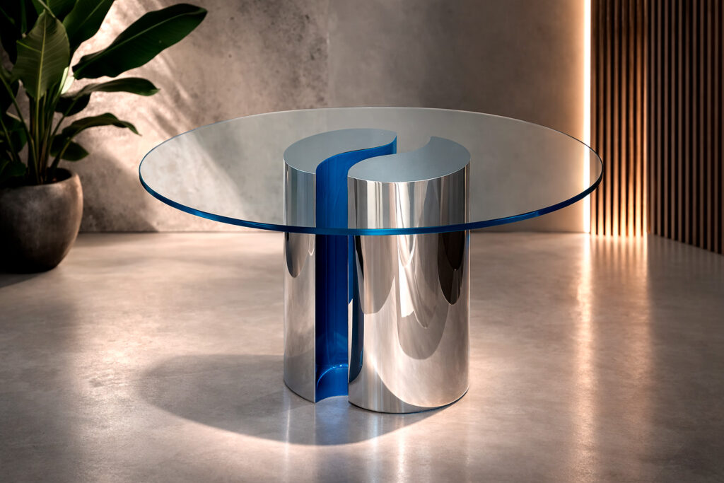 mesa de diseño exclusivo en acero y cristal realzada por el estudio de Interiorismo 4U ubicado en Benidorm y Valencia