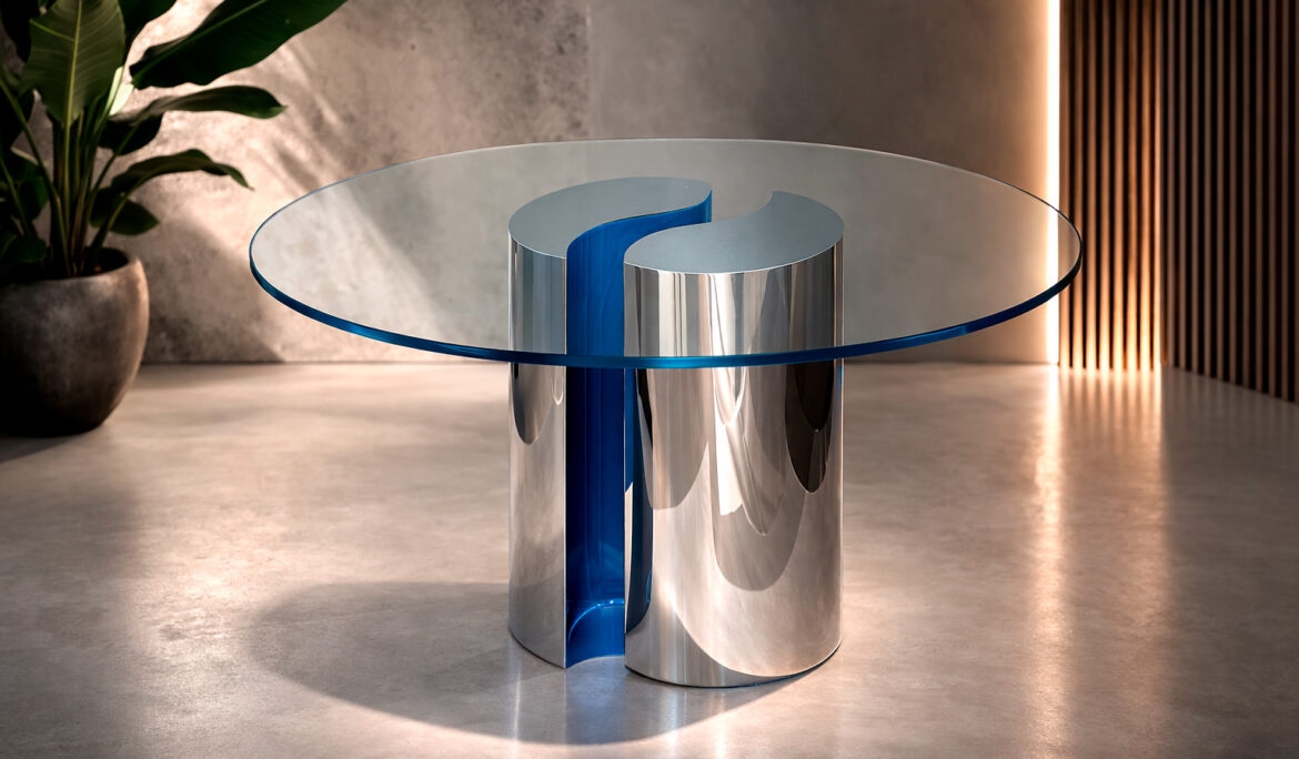 mesa de diseño exclusivo en acero y cristal realzada por el estudio de Interiorismo 4U ubicado en Benidorm y Valencia
