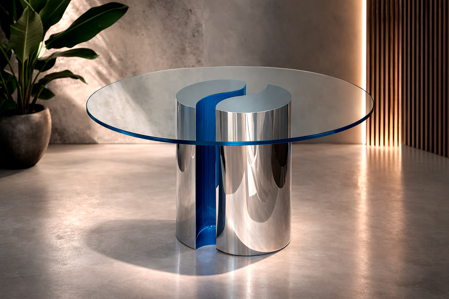 mesa de diseño exclusivo en acero y cristal realzada por el estudio de Interiorismo 4U ubicado en Benidorm y Valencia