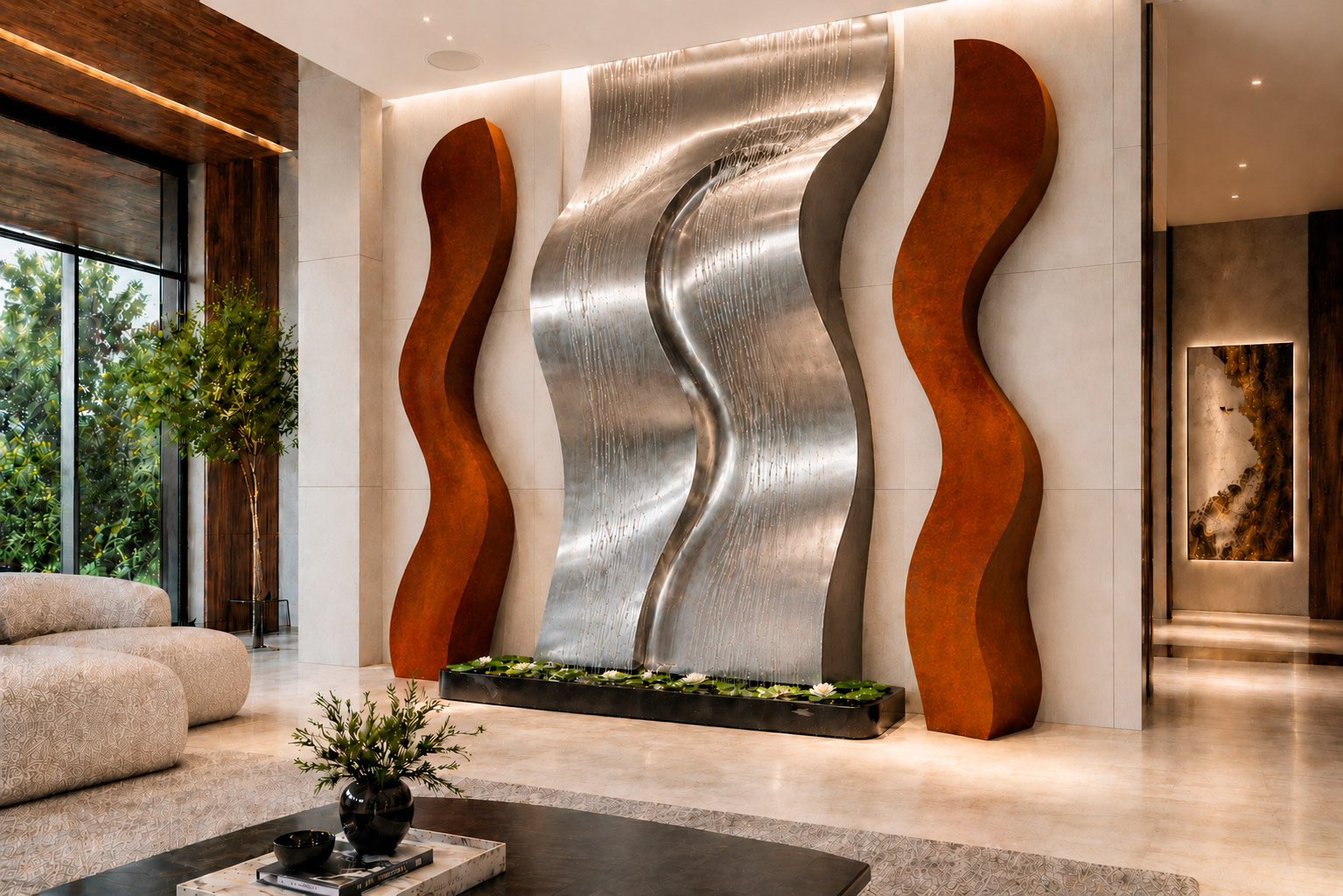 Lobby de hotel de lujo en Benidorm con cascada
