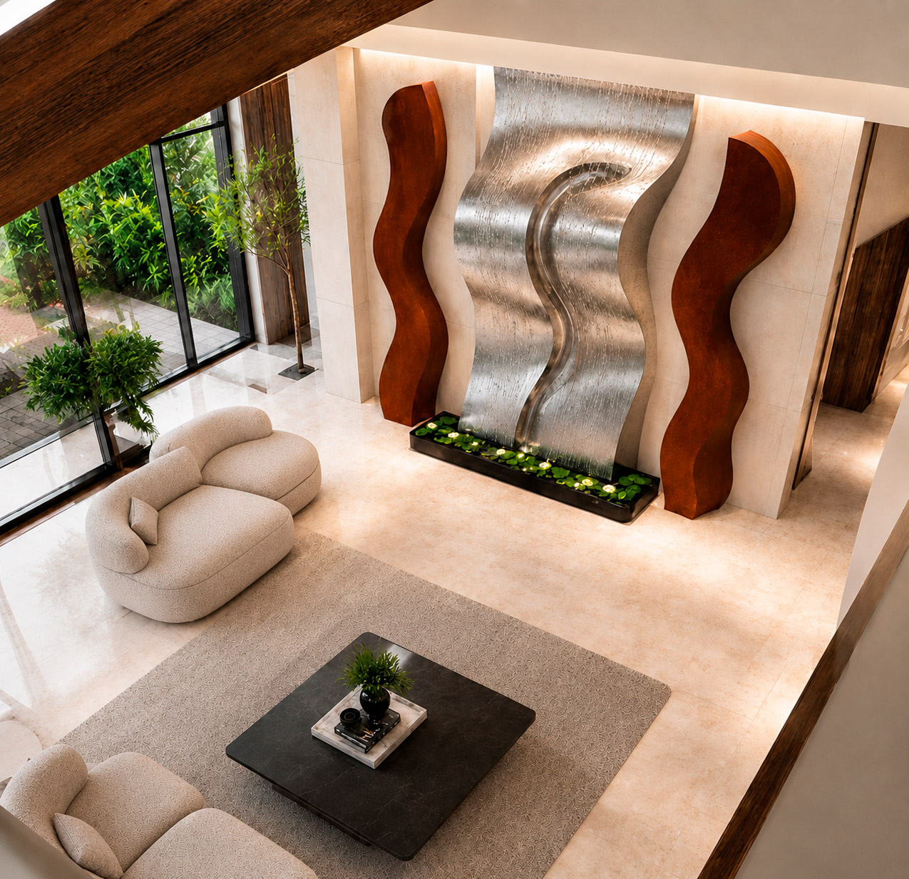 Lobby de hotel de lujo en Benidorm con cascada