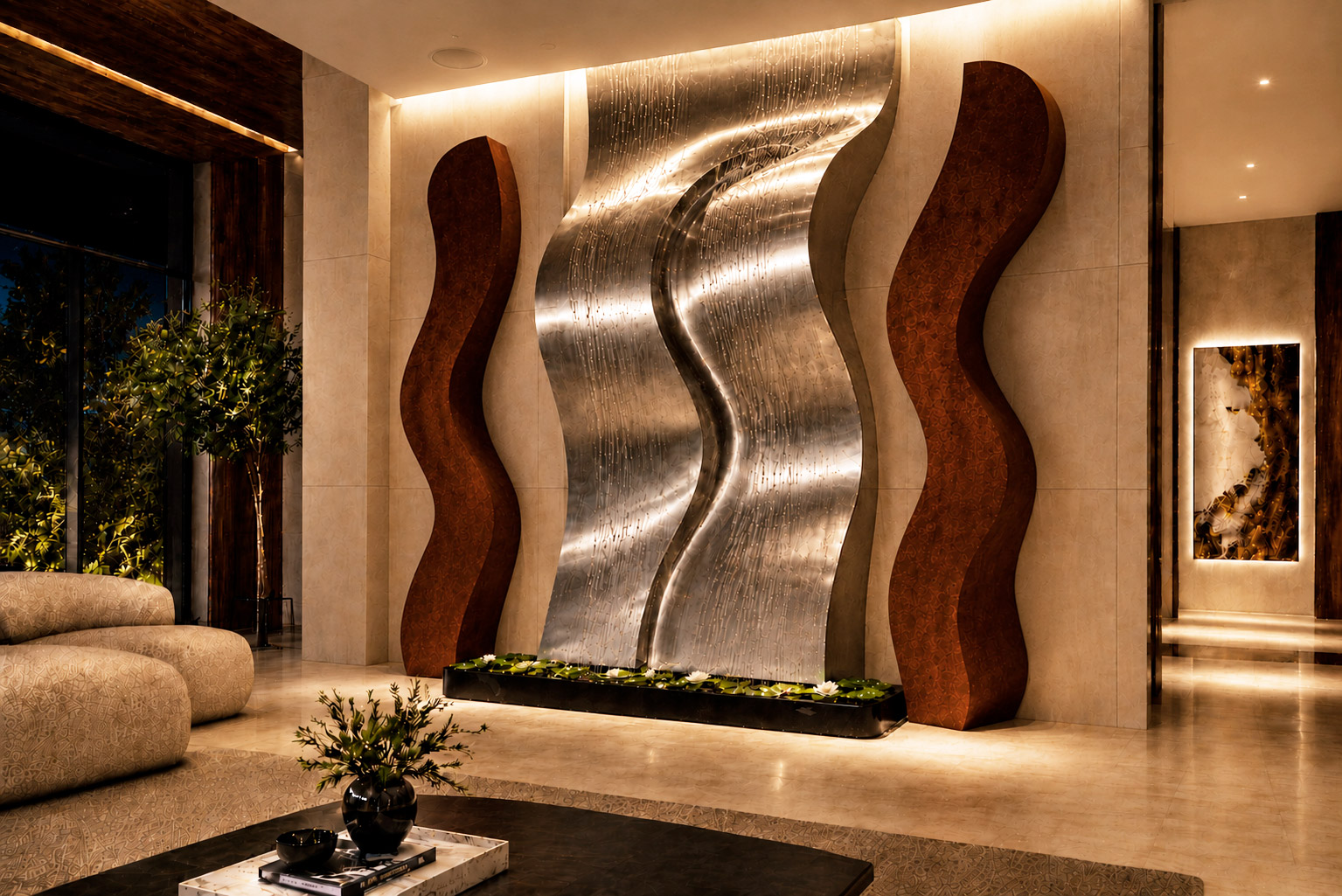Lobby de hotel de lujo en Benidorm con cascada