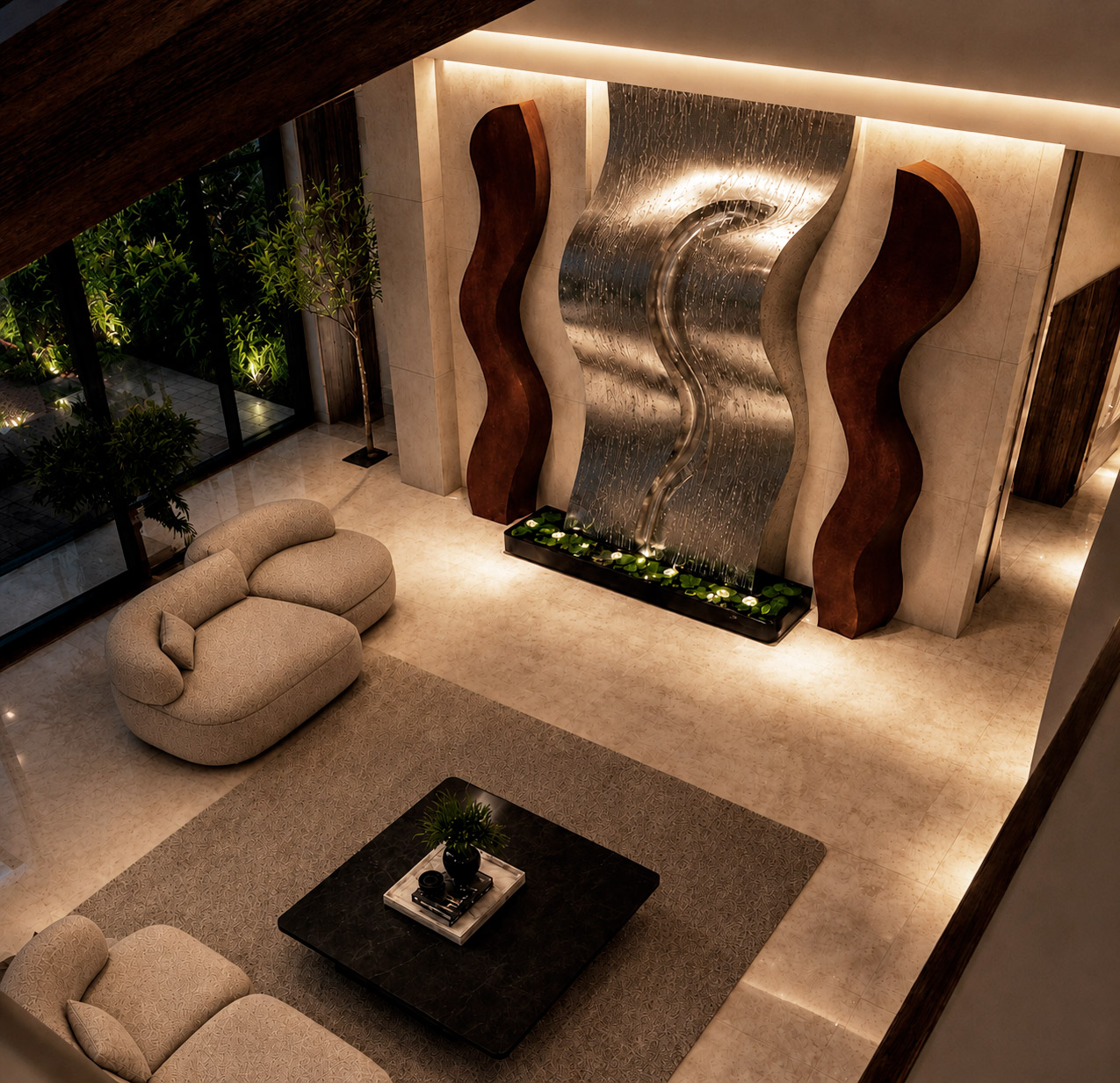 Lobby de hotel de lujo en Benidorm con cascada