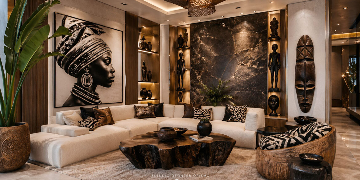 ELEGANCIA Y CALIDEZ EN SALÓN DE LUJO DE INSPIRACIÓN AFRICANA